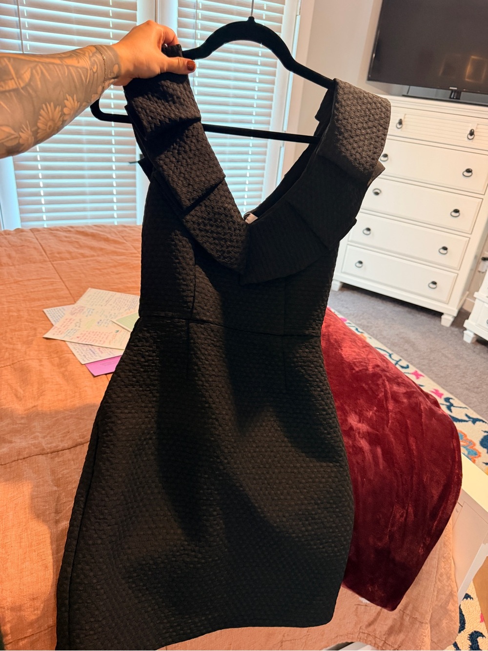 Black Textured Mini Dress with Statement Ruffle Neckline - Picture 5 of 5